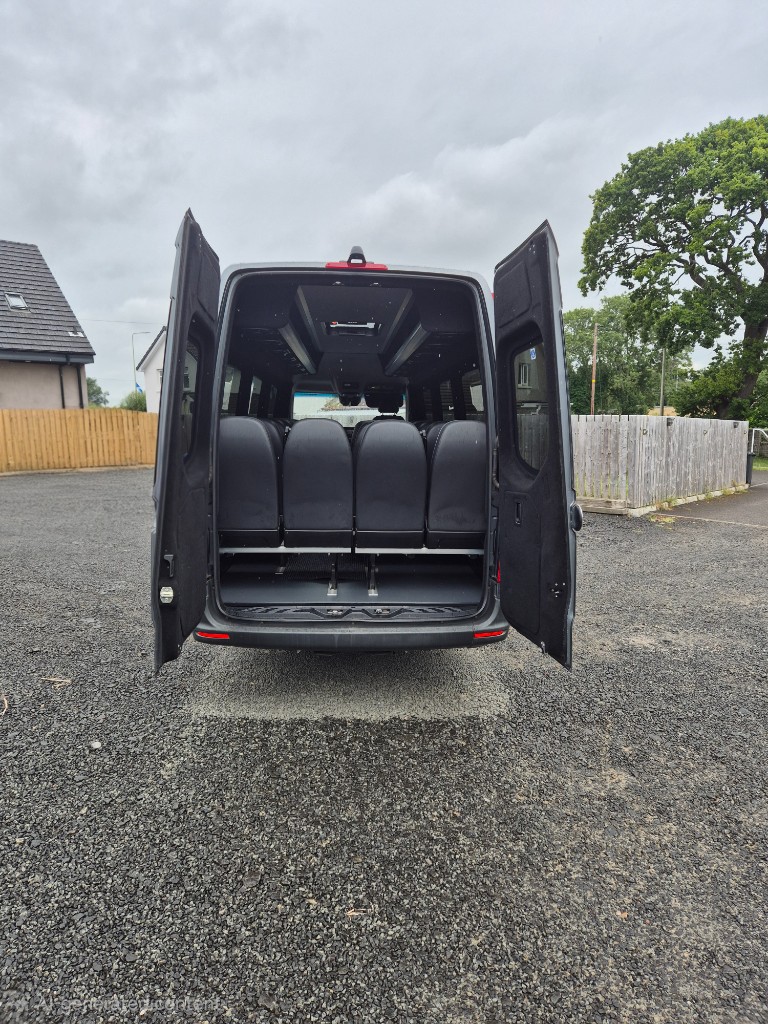 Rear doors open on Ace Cabs 22-seater coach showing rows of passenger seats