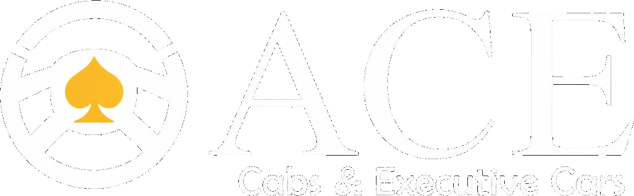 Ace Cabs and Executive Cars logo, white steering wheel with spade emblem and company name