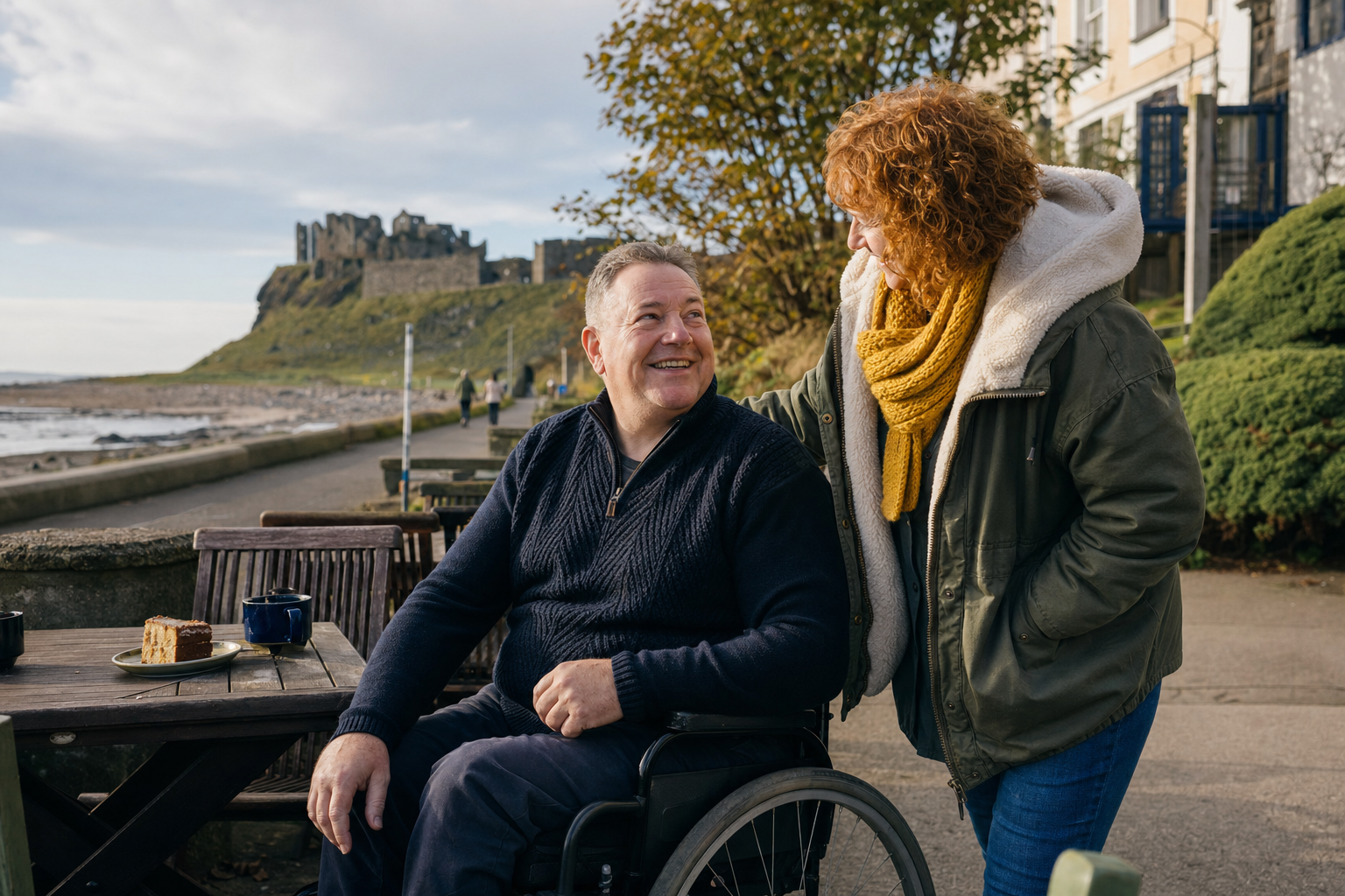Wheelchair user and companion on an inclusive day out, lifestyle scene for accessible journeys across Northern Ireland with Ace Cabs