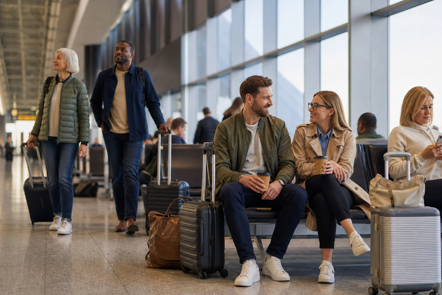 Travellers with suitcases in a bright airport lounge, lifestyle scene for Belfast and Dublin airport transfers with Ace Cabs
