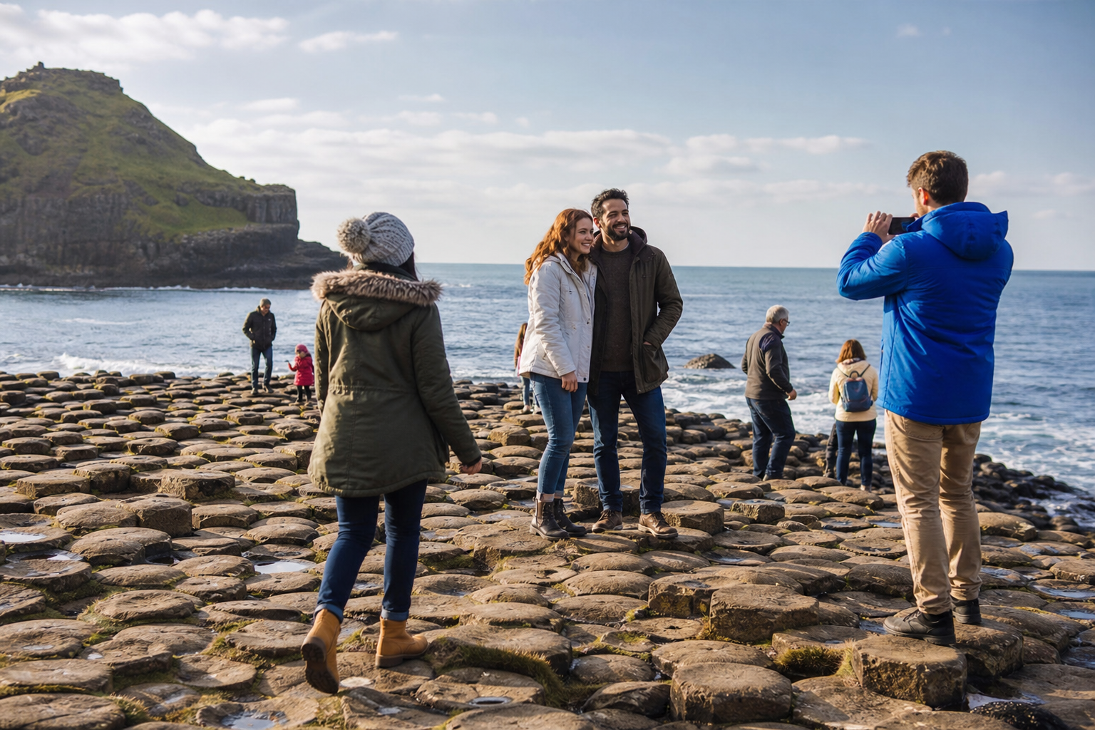 Group enjoying a scenic day out at the Giant's Causeway, lifestyle imagery for Northern Ireland tours and days out with Ace Cabs