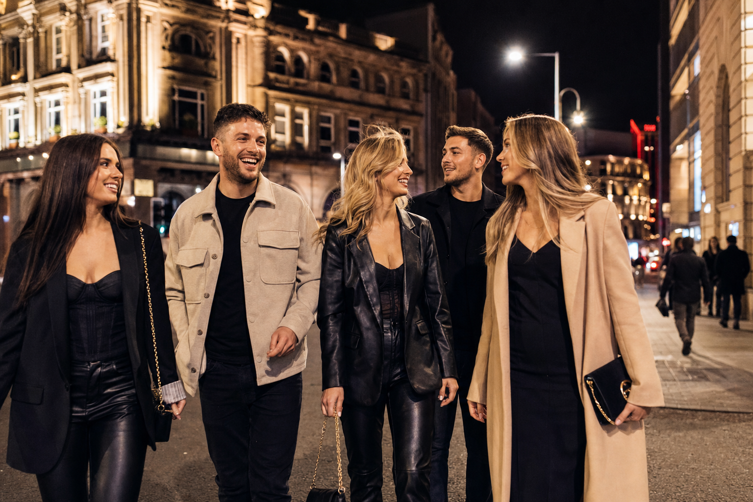 Friends heading out for a night in the city, lifestyle scene for pre-booked nights out taxis and minibuses with Ace Cabs